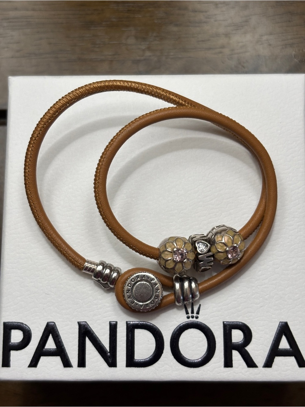 Authentic PandoraTan Leather Double Wrap Charm Bracelet with Floral Accents